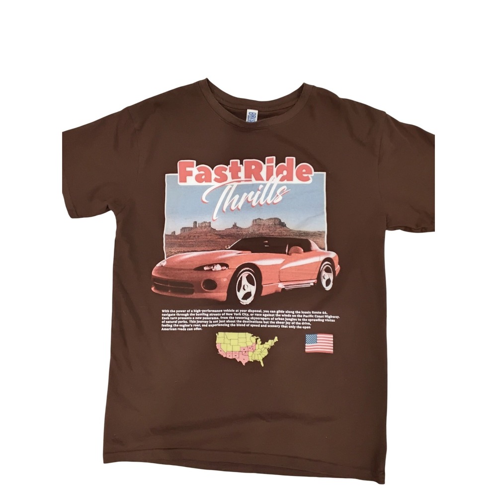 Brisco Brands Fast Ride Thrills Sports Car Graphic Tee Mens Medium Brown T-Shirt